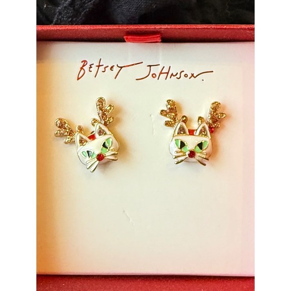 Betsey‎ Johnson Christmas Cat Reindeer Earrings Holiday Studs Gift - Picture 1 of 2